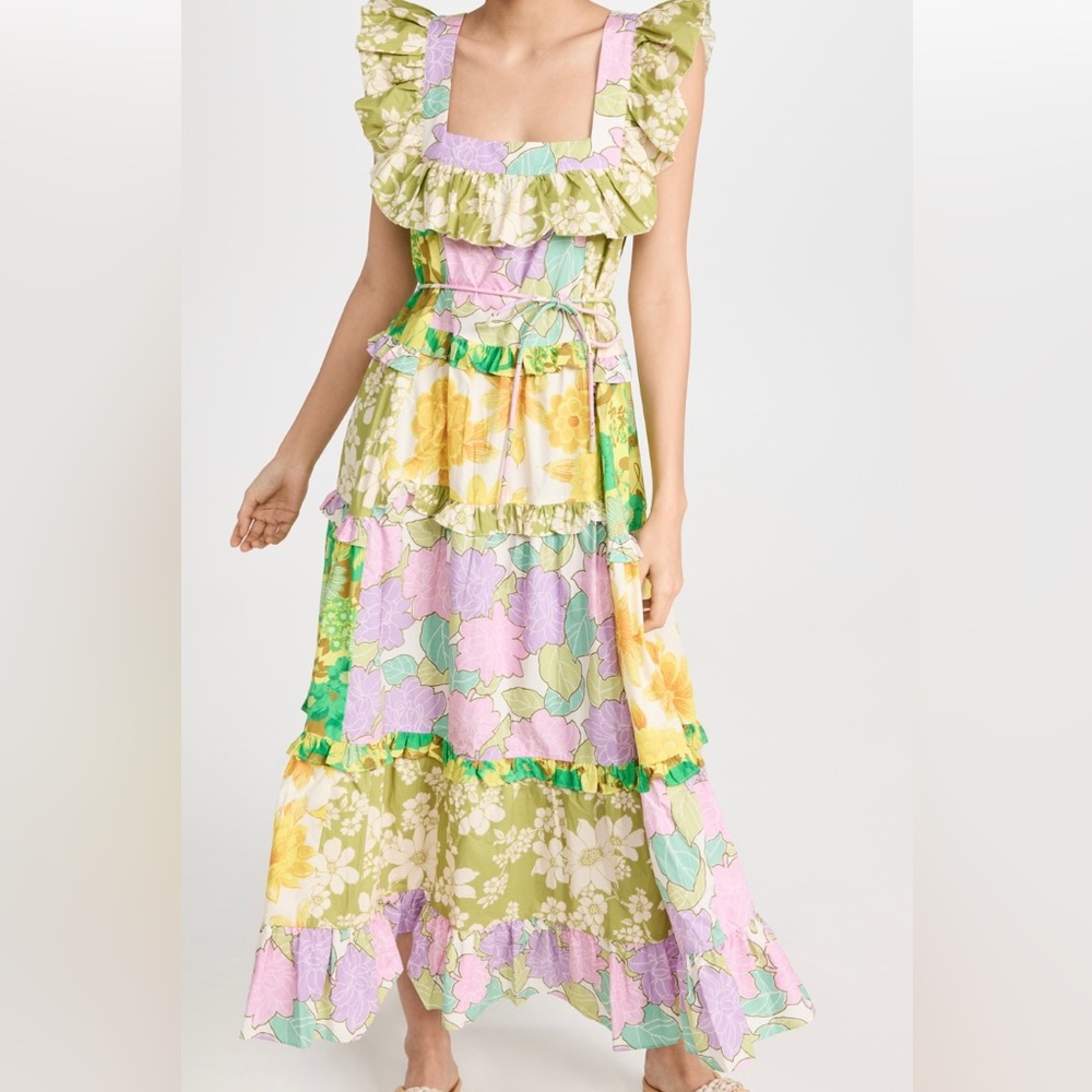 Alemais Pastel Floral Ruffle Maxi Dress in Yellow, Green, Lavender